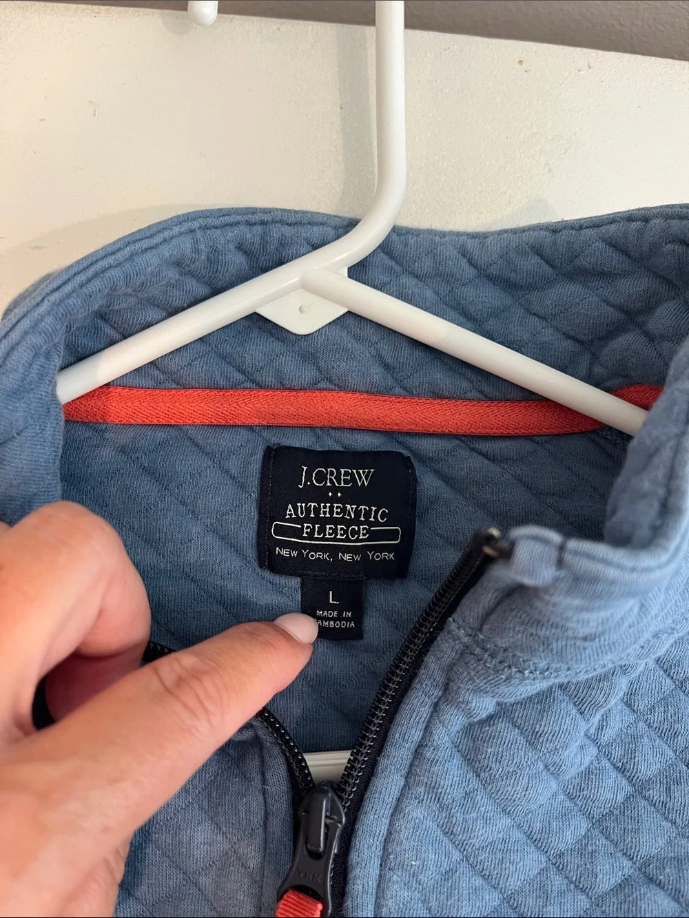J. Crew Men's Quilted Light Blue Half-Zip Sweater with Coral Zip Pull